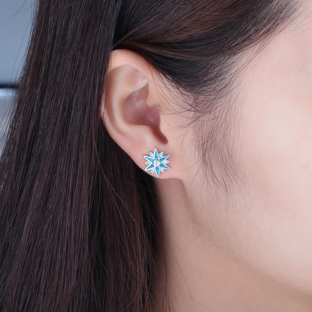 CiNily Starburst Fire Opal Stone Stud Earrings Silver Plated White & Blue Timeless Elegant Earring Chic Jewelry Gift Girls Women