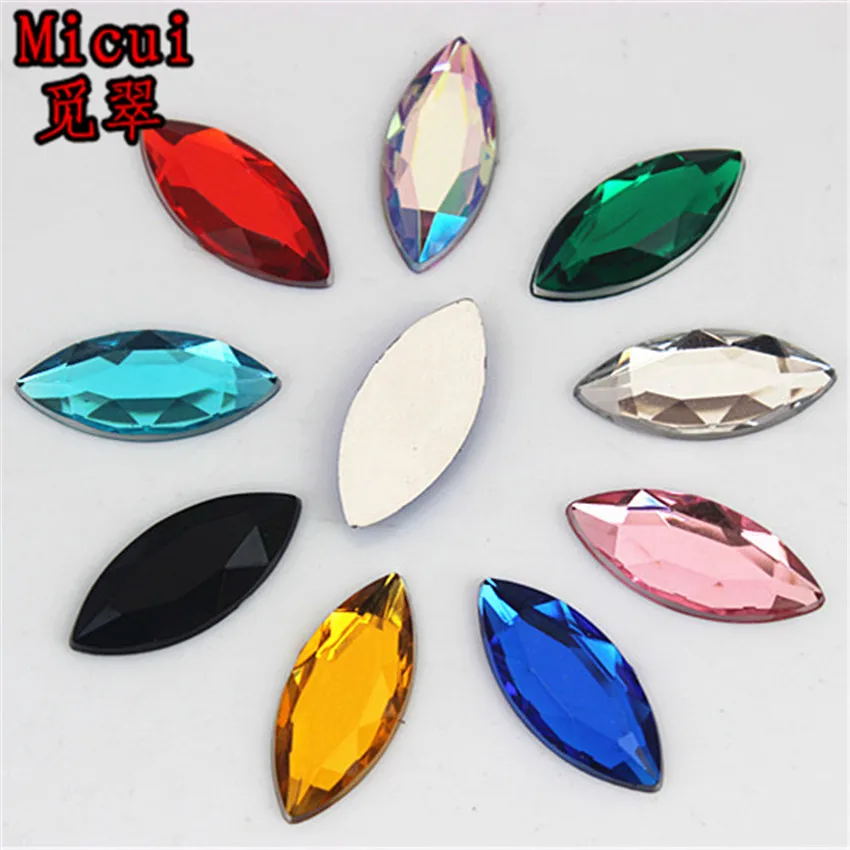 Micui 50PCS 9*20mm Mix Color Horse Eye Acrylic Rhinestones Flat Back Crystal Stones Non Sewing for Clothes Craft Scrapbook MC185