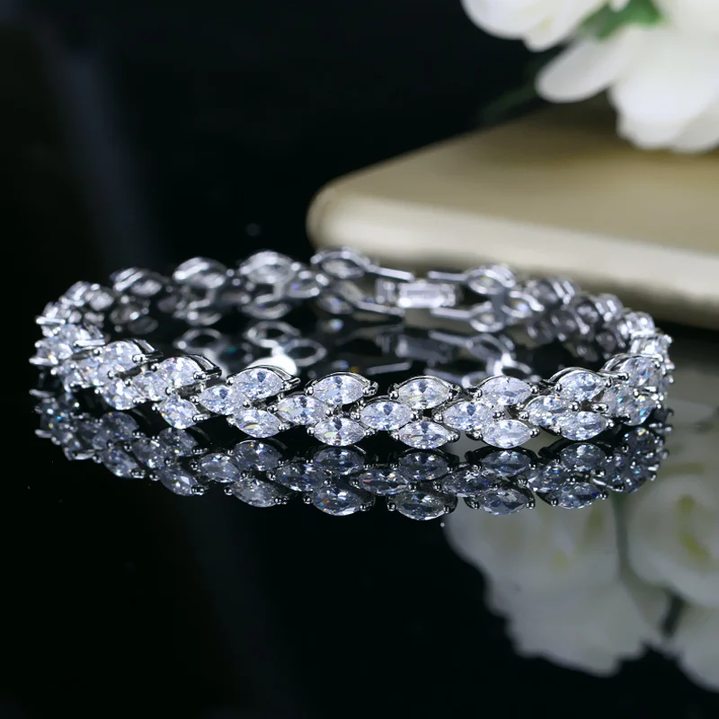 Pera Trendy Royal Tennis Prom Party Bracelets Big Marquise Blue Cubic Zirconia Stone Setting Silver Color Jewelry for Women B115