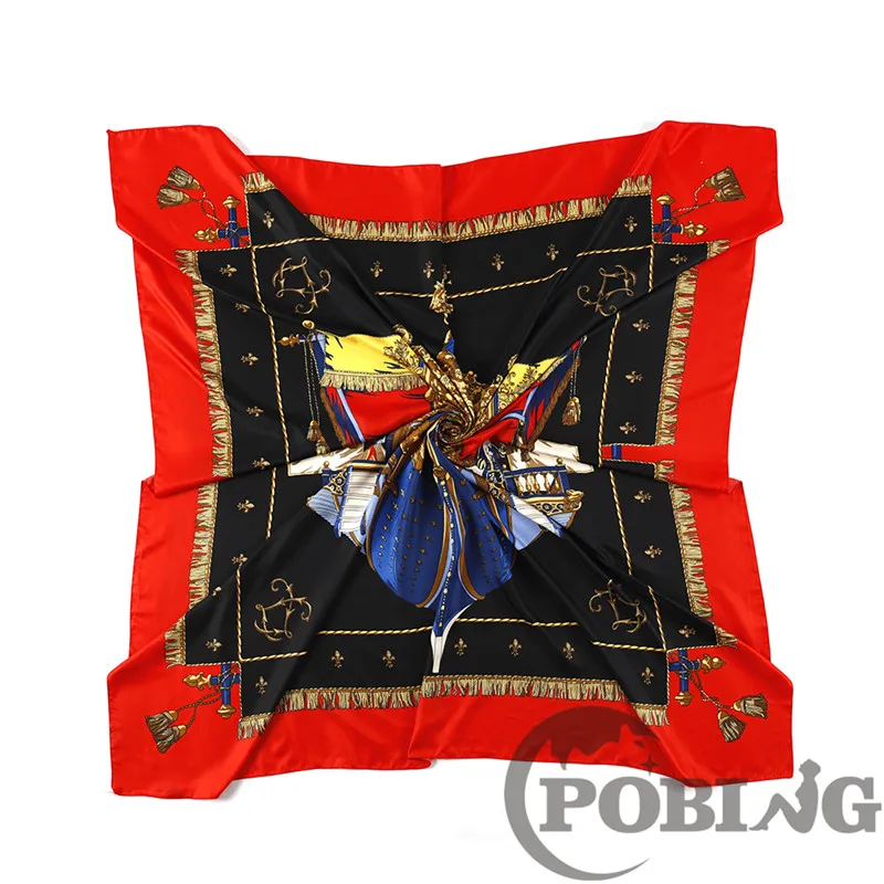 POBING Silk Scarf Women Large Shawls Spain Print Stoles Square Bandana Luxury Tassel Kerchief Scarf Female Foulards 130CM