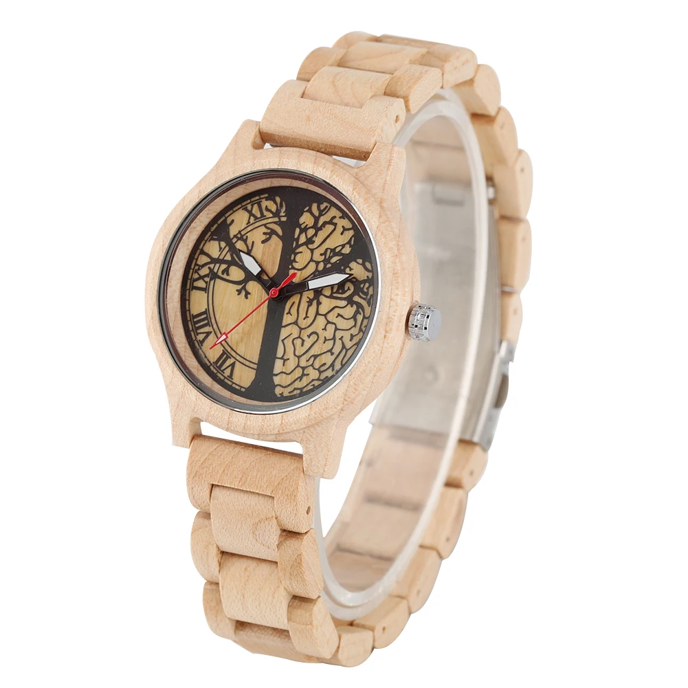 Women\'s Watch Wood Quartz Watch Natural Wood Wristwatch Luminous Full Maple Tree of Life Pattern Dial