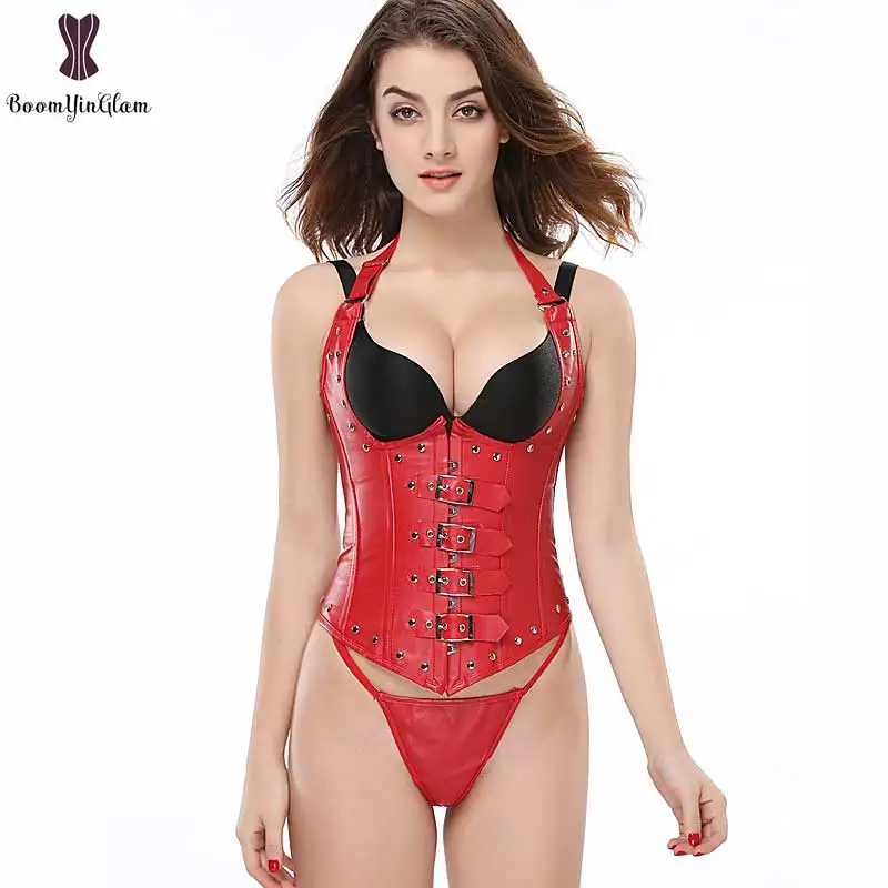 Faux Leather Steampunk Corset Sexy Women Everyday Outwear Front Buckle Closure Rivet Underbust Shoulder Strap Corselet Bustier