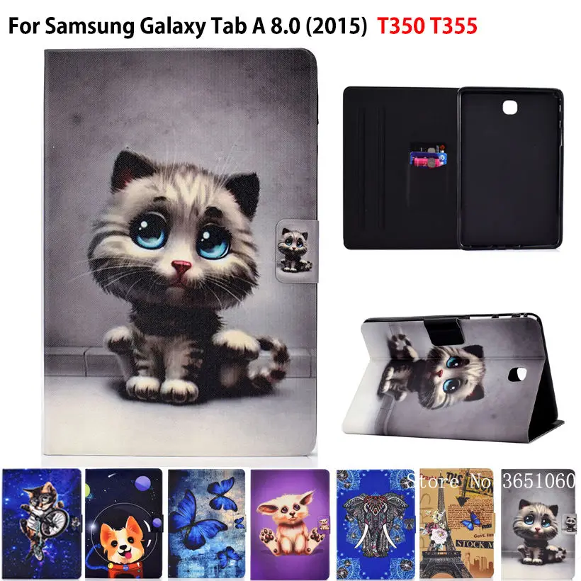 SM-T350 Smart Case For Samsung Galaxy Tab A 8.0 2015 T350 T355 P350 P355 Cover Funda Cute Cat Silicone PU Leather Stand Shell