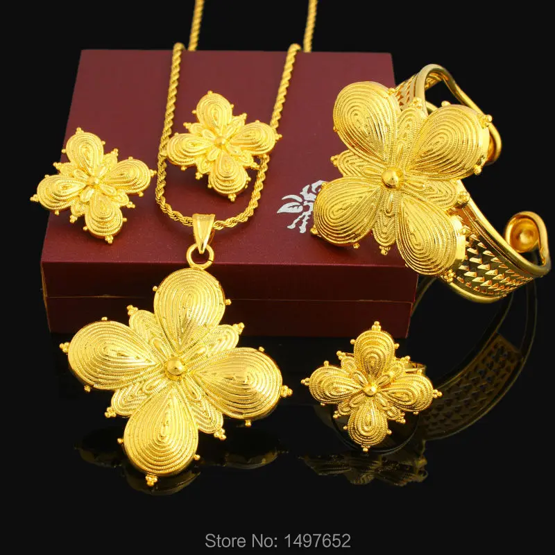 New Arrival Ethiopian CrossJewelry Set 24K Gold Color Necklace/Pendant/Earring/Ring/Bangle African Wedding Set