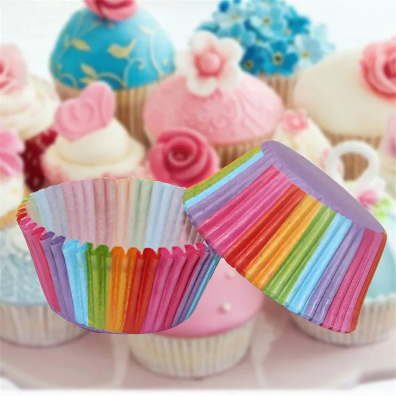 100PCS Kleur Regenboog cake Cup papier Anti-olie Chocolade Muffin Bakpapier Thee Party Cakevorm Decoratieve Keuken accessoires