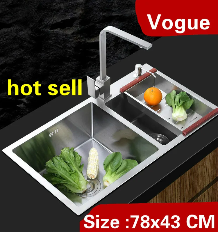 

Free shipping Apartment big kitchen manual sink double groove high capacity wash vegetables 304 stainless steel 780x430 MM