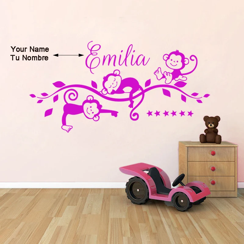 DIY 3 Cute Monkeys InTrees Customized Name Art Mural Decal Home Decor Poster Girl's Room Wallpaper House Decoration