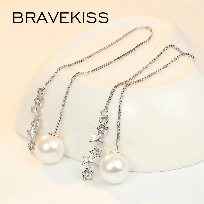 BRAVEKISS Korean Long Chain Pearl Dangle Earrings for Women Drop Earring for Women Fashion Jewelry Star Zircon brinco BUE0412