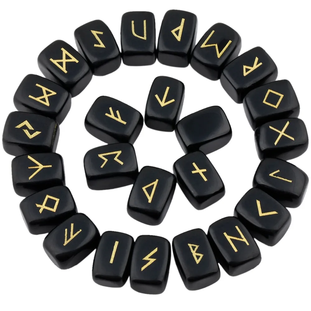 TUMBEELLUWA 1Lot (25Pc) Black Obsidian Engraved Rune Stones Set Healing Reiki Crystal Tumbled Stones