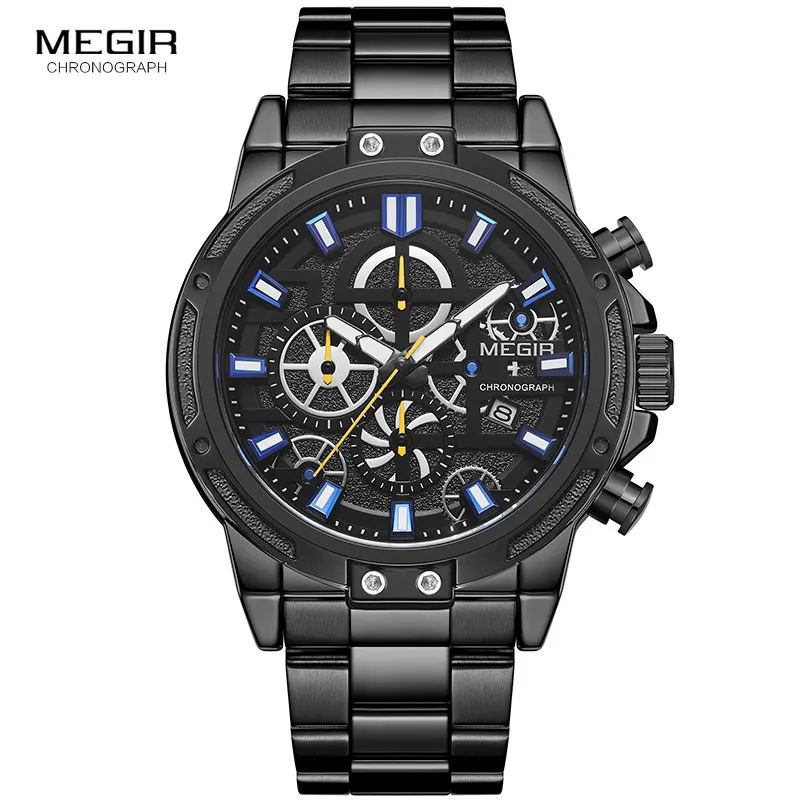 MEGIR 2019 Men\'s Business Quartz Watches Army Sports Chronograph Wristwatch Man Top Brand Luxury Relogios Masculinos 2108 Black