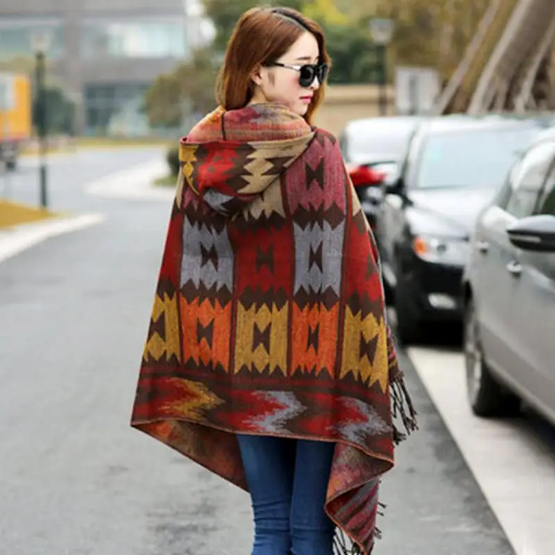 Ladies Warm Winter Hooded Wrap Poncho Wool Scarves Lush Cape,Mantle Ponchos And Capes Aztec Outwear Casacos Femininos Tippet