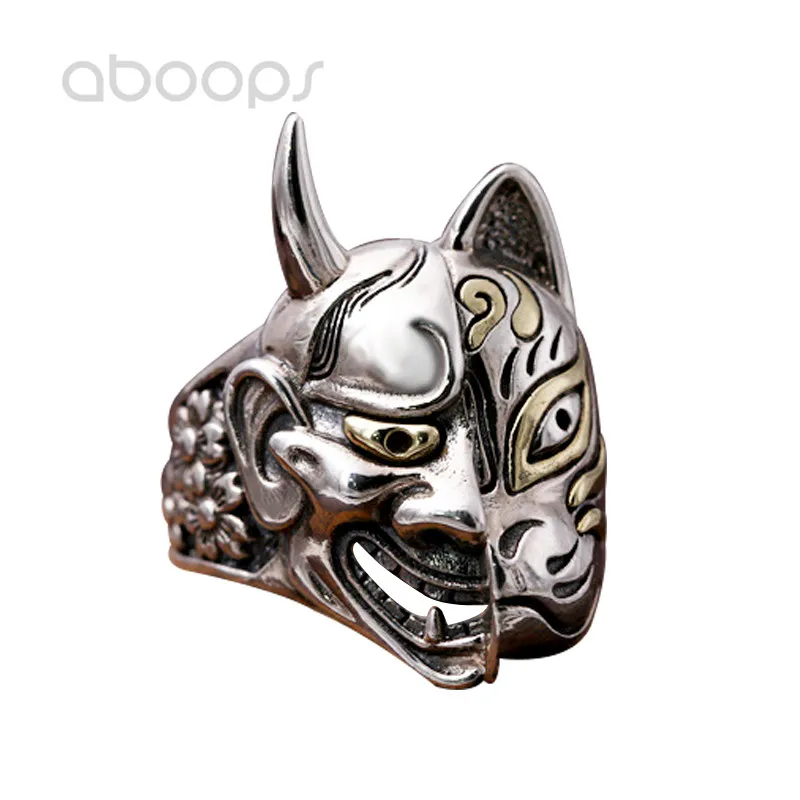 

Gothic Two Tone 925 Sterling Silver Japanese Mask Ring with Sakura for Men,Free Shipping