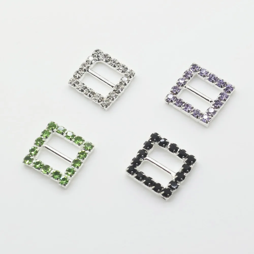 Colorful 10pcs/lot 16mm Square Crystal Rhinestone buckles Diamante buckle invitation Ribbon Slider for Wedding Supply Gift Wrap