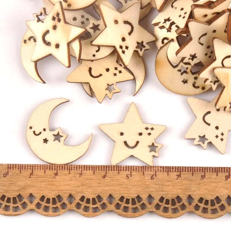 24-27mm 25Pcs Wooden Ornament Moon And Star Pattern For DIY Crafts Scrapbook Accessories Handmade Wood Slices Home Decor M1704