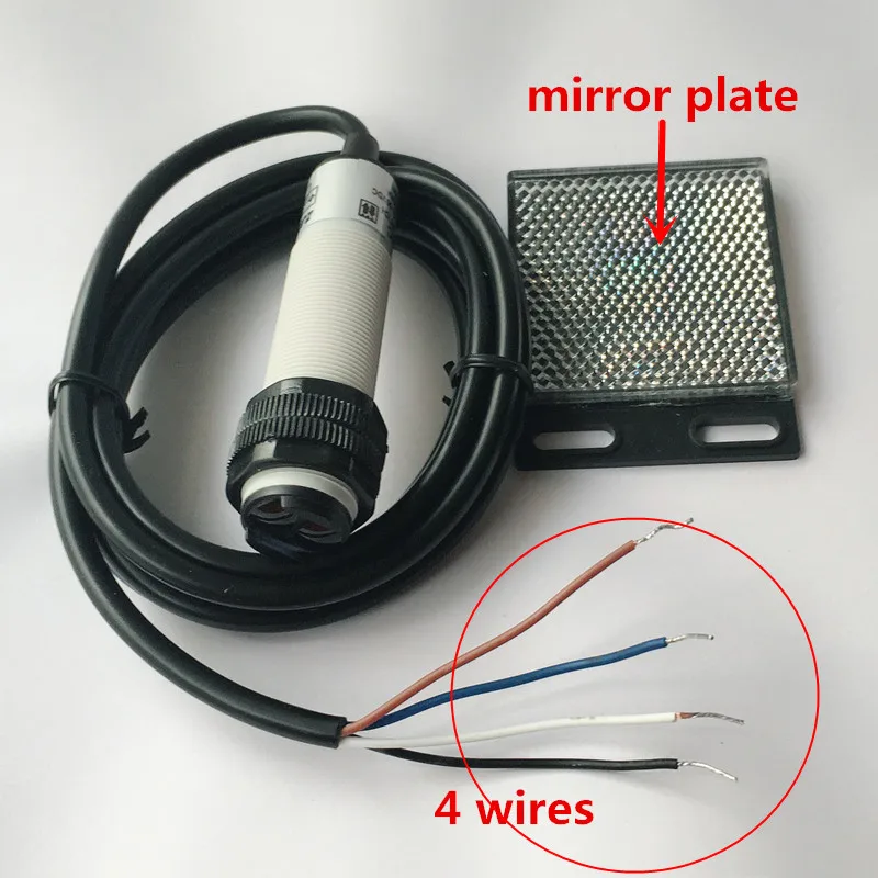 M18 Retroreflective type PNP NO+NC DC 4 wires photoelectric switch Infrared photocell sensor with mirror reflector distance 2m