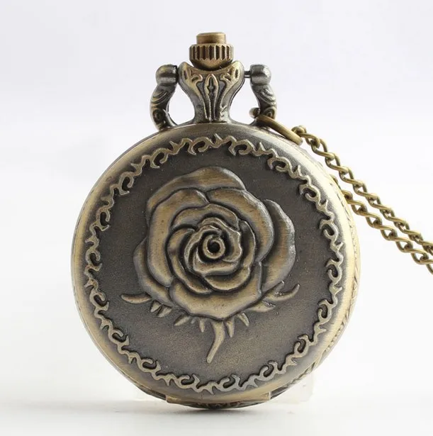 Vintage Bronze Rose Woman Quartz Good Quality Necklace Pocket Watch gift