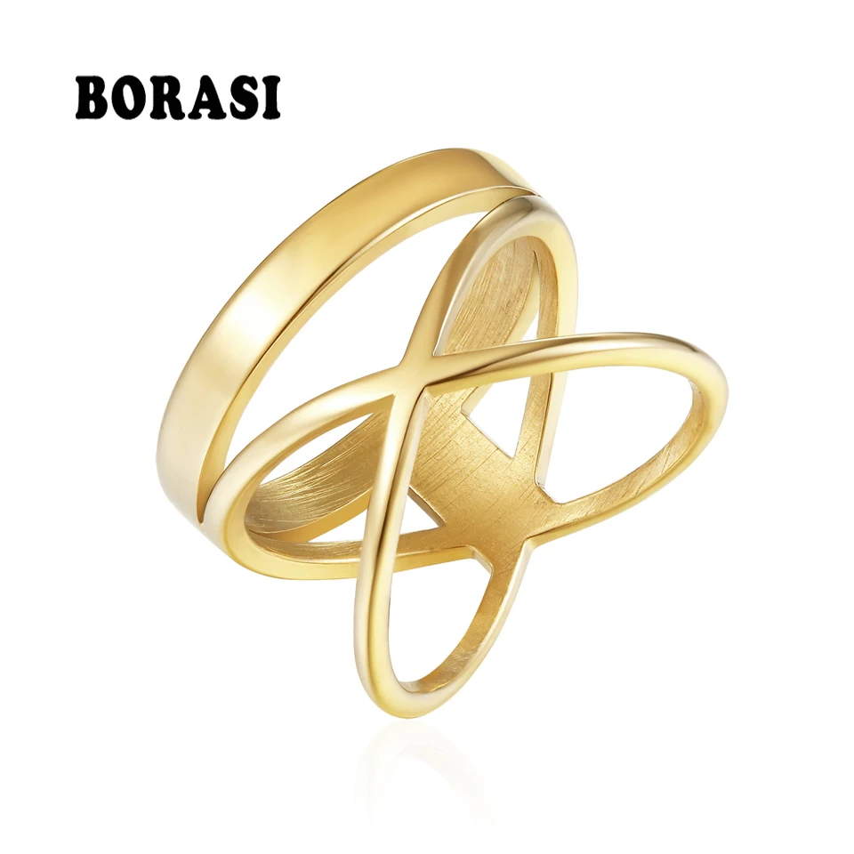 BORASI Trendy Round Plus Cross Ring For Women Wedding Bands Rings Gold Color Fashion Jewelry Stainless Steel Party New Rings