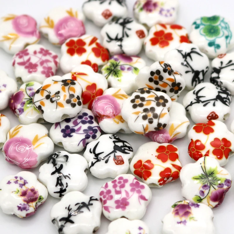 10pcs/lot 15mm Ceramic Beads Flower Porcelain DIY Beads Handmade Jewelry Making Accessories Straight Hole Spacer Beads Wholesale