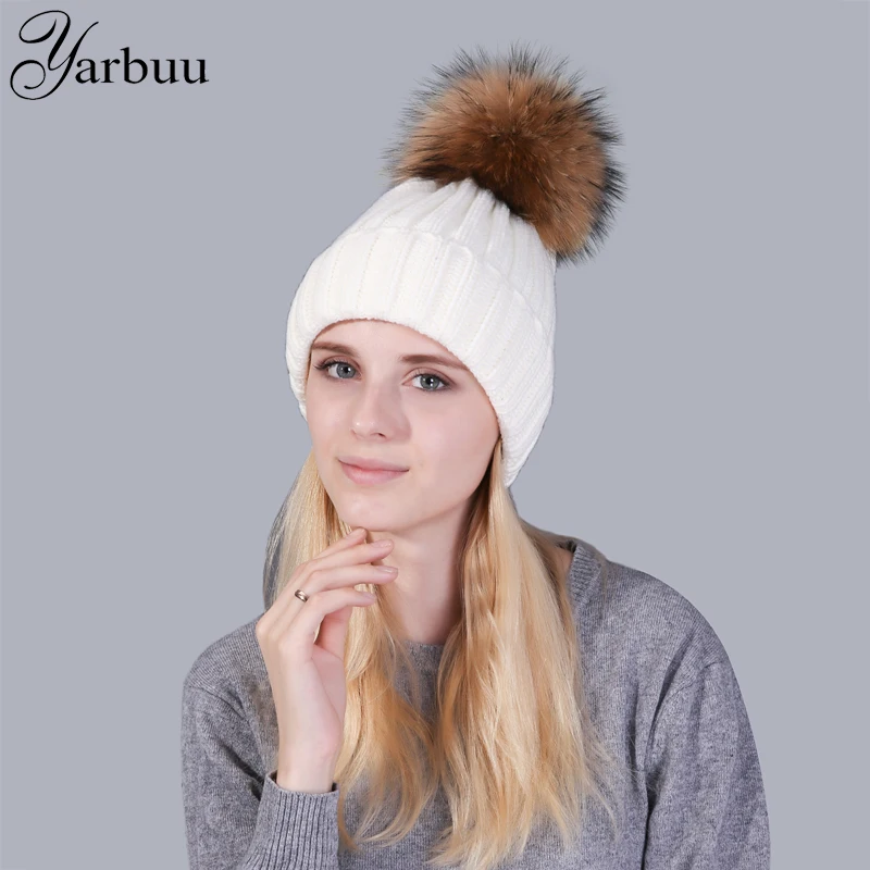 [YARBUU]Skullies winter hat for women girl 's hat real mink fur ball cap pom poms knitted beanies cap thick female cap wholesale