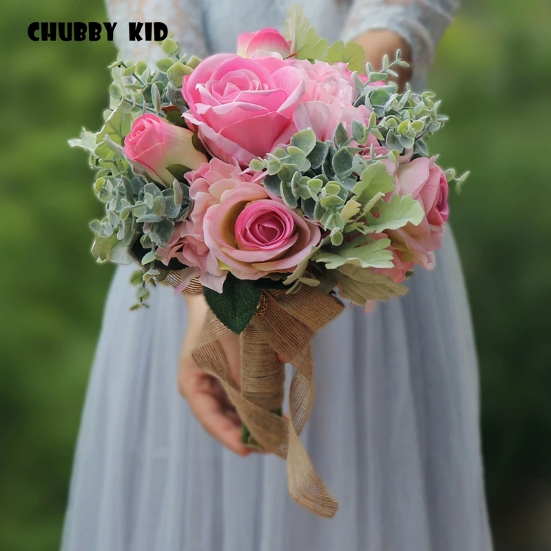 High simulation Wedding Bouquet Artificial Flower Rose buque casamento Bridal Bouquet for Wedding Decoration Pink green 2018 NEW