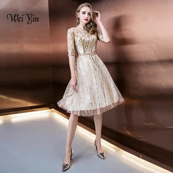 Customized O-neck Half Sleeves Cocktail Party Dress A Line Sequin Knee Length Elegant Lace Dress Formal Party Dress WY876