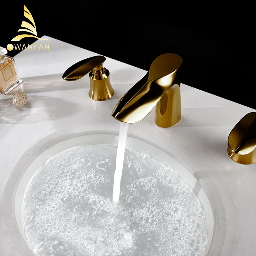 Gold Deck Mounted Bathtub Faucet Set 3 Holes Widespread Tub Mixer Bathroom Goose Neck Bath Shower Set with Hand shower 0152