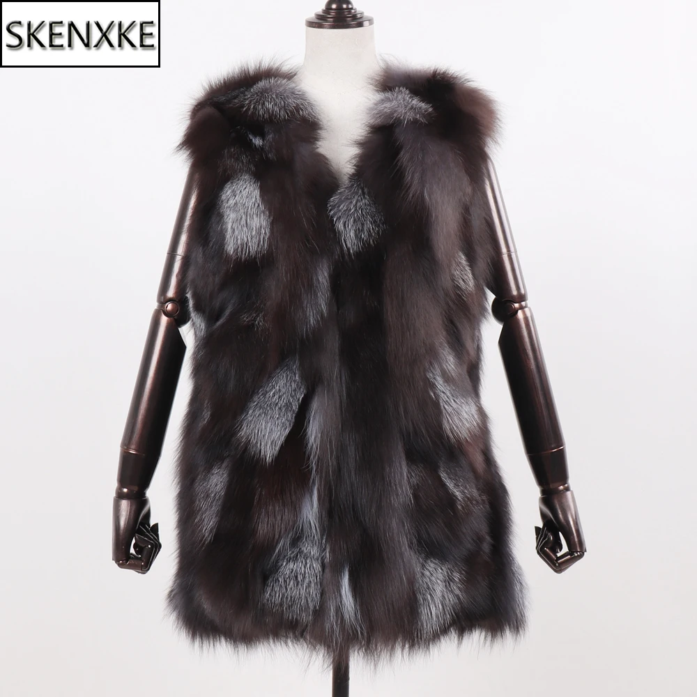 New Women Autumn Winter Long Style 100% Genuine Real Sliver Fox Fur Vest Natural Fox Fur Sleeveless Coat Lady Real Fox Fur Gilet