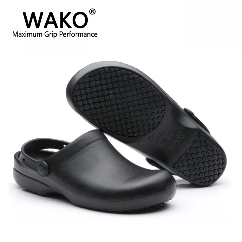 WAKO 9011 Men Chef Shoes Super Anti-slip Kitchen Work Shoes Cook Sandals Clogs with Straps Slip on Breathable Black Size 36-44