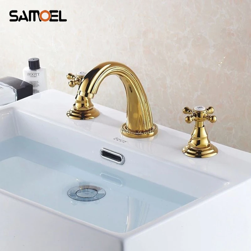 

Gold Plating 3PCS Swan Neck Shape Bathroom Sink Faucet Dual Hanle Basin Mixer Taps BF1012