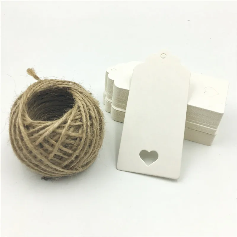 100pcs White Brown Hollow Heart Paper Hang Tags DIY scallop Label Wedding Gift Decorating Tag Luggage Note 15M Rope 9*4cm
