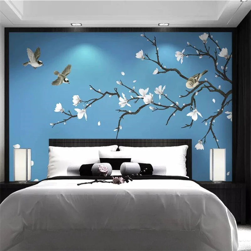 beibehang Custom wallpaper 3d white magnolia hand-painted pen and flower Chinese background wall decoration painting wallpaper