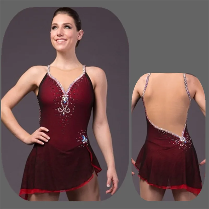 

Figure Skating Dress Women's Girls' Ice Skating Competition Dress sleeveless Shoulder strap design Cheerleading Red wine