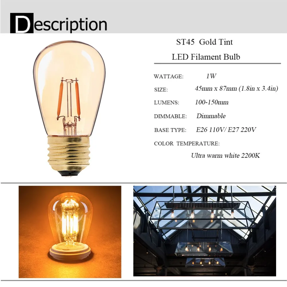 Bombilla LED Vintage Edison Regulable - E27, 2.3W, Luz Extra Cálida 1800K, Sin Parpadeo, Dorada