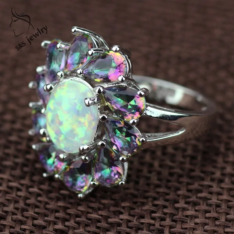 JLR-1074   Luxury Floral Rainbow Rainbow Stone & White Opal Rings For Women Fashion Jewelry