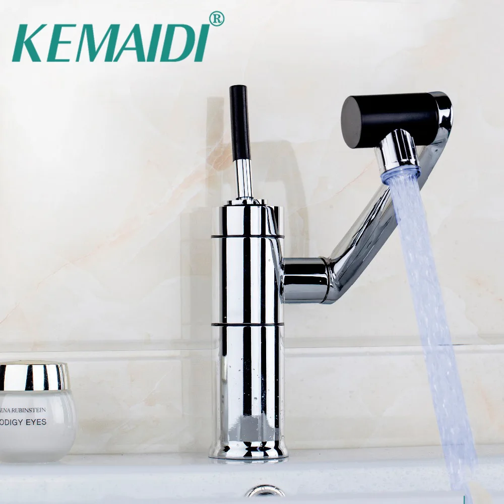 

KEMAIDI LED 3 Color Luxury Kitchen Bathroom Waterfall Polished Chrome Finished 360 Swivel Faucet Tap Mixer Basin Sink Faucets