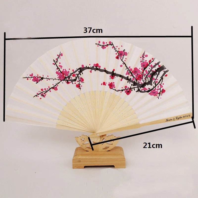 100pcs Elegant Plum Cherry Blossom Silk Fan Wedding Favors Rose Flower Hand Fan Design Ideas Gift Customized LOGO ZA6009