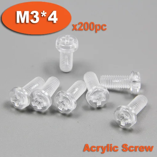 200pcs DIN7985 M3 x 4 Plastic Acrylic Pan Head Phillips Screw Cross Recessed Raised Cheese Head Screws