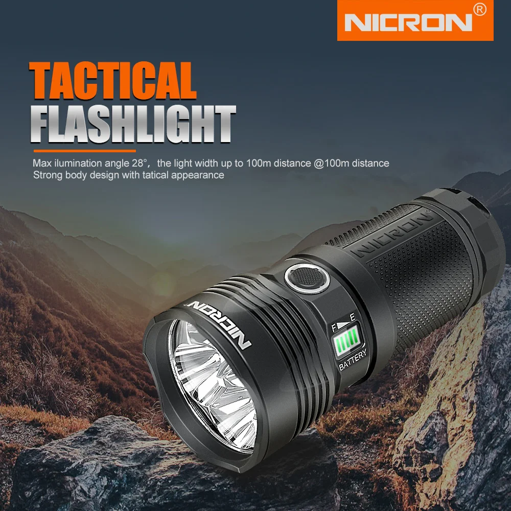 NICRON B400 LED Tactical Flashlight Super Bright 12,000LM High Lumen Beam distance 346m Torch Light Waterproof Explosion proof