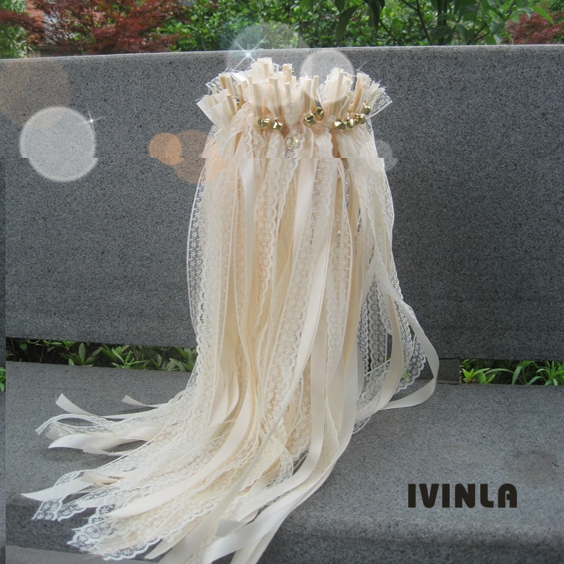 Newest 50pcs/lot Cream Lace Wedding Ribbon Wands and big Bells for wedding decoration