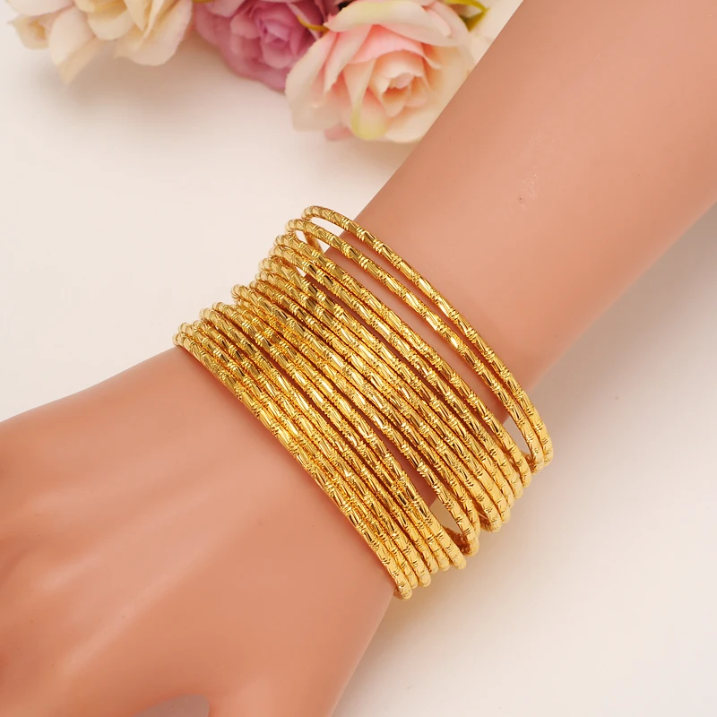 4pcs Big Dubai Gold Color Stamp Women Girls Bangle Bracelet For Adult  African Bairn Jewelry Mideast Arab Wedding Party Gift