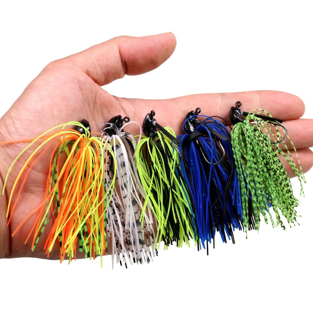 THKFISH 5pcs Jig Fishing Lures Wire Bait 7g 10g 14g Rubber Swim Skirt Jigs Head Fishing Hook Silicone Swimbaits For Buzz Bass