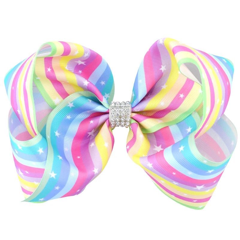 8 Inch Rhinestone Colorful Hair Bows Hairgrips Grosgrain Ribbon Rainbow Alligator Clips Barrettes for Girls Hair Accessories