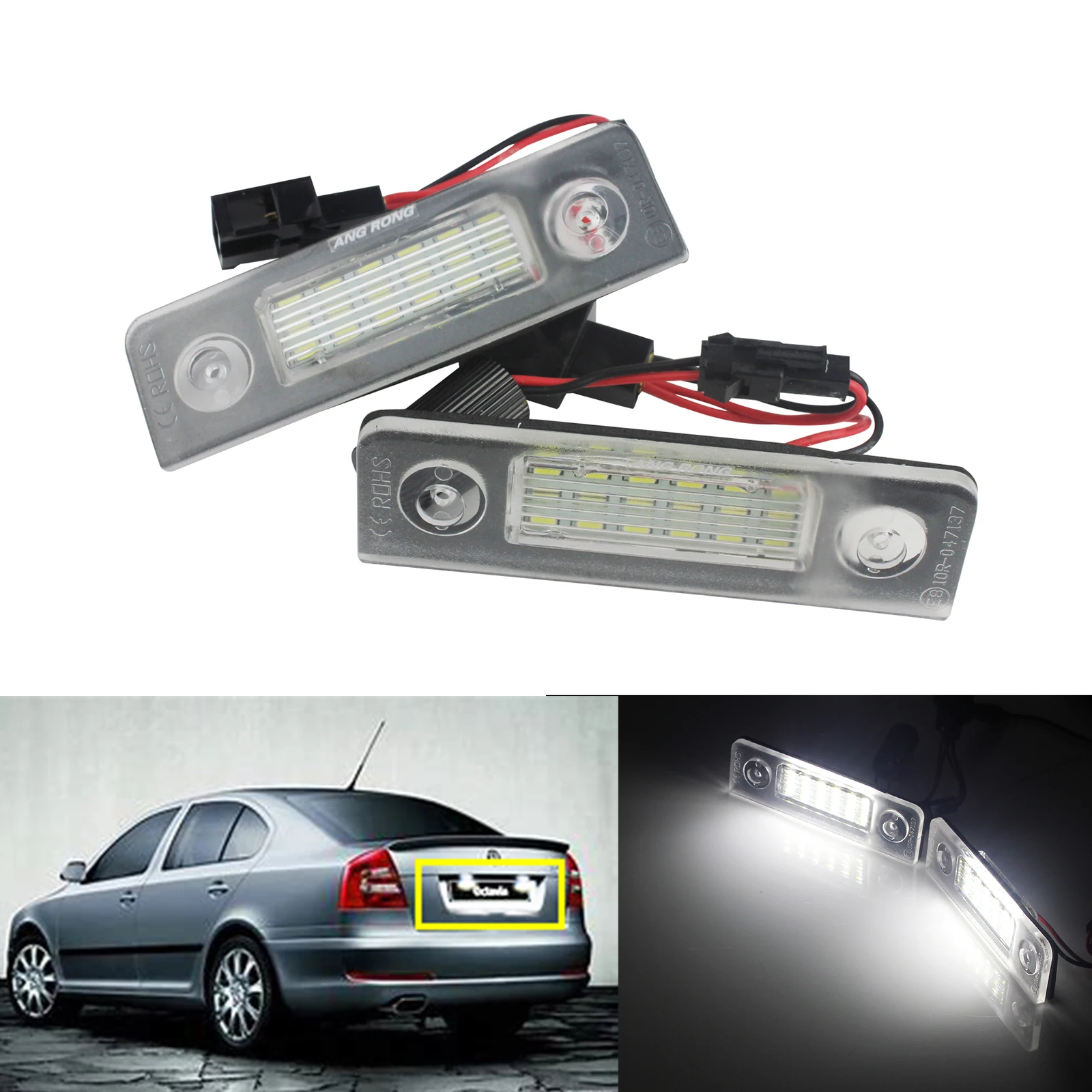 ANGRONG 2x Oświetlenie tablicy rejestracyjnej LED dla Skoda Octavia 1Z 2004-13 i Roomster 5J 2006-15