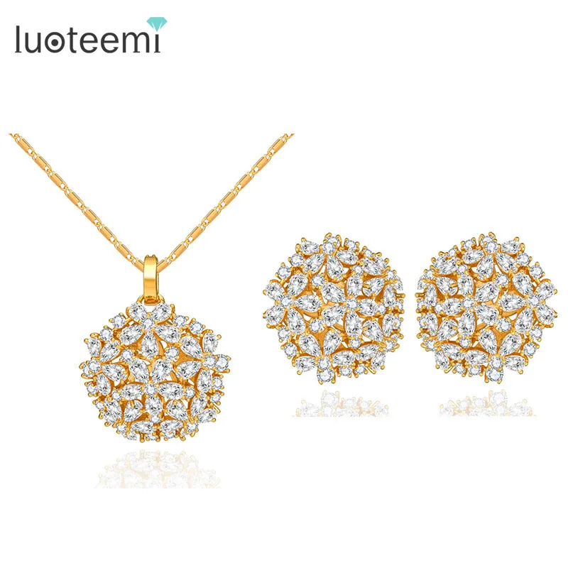 

LUOTEEMI Brand Big Flower Luxury Necklace Earring Set Fashion Crystal Bridal Wedding Party Jewelry Gold Color Silver Color Set