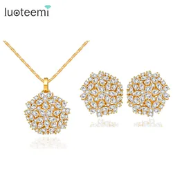 LUOTEEMI Brand Big Flower Luxury Necklace Earring Set Fashion Crystal Bridal Wedding Party Jewelry Gold Color Silver Color Set