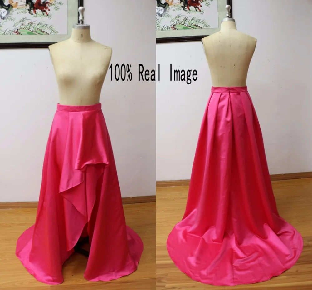 Vintage Fuchsia High Low Taffeta Long Skirts For Elegant Women To Formal Party Long Skirt Spring Style Pleat Ruffles Zipper