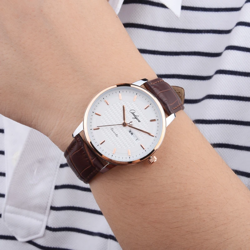 Men and women table ultra-thin men's casual watch quartz watch waterproof leather belt Korean style double calendar men's watch