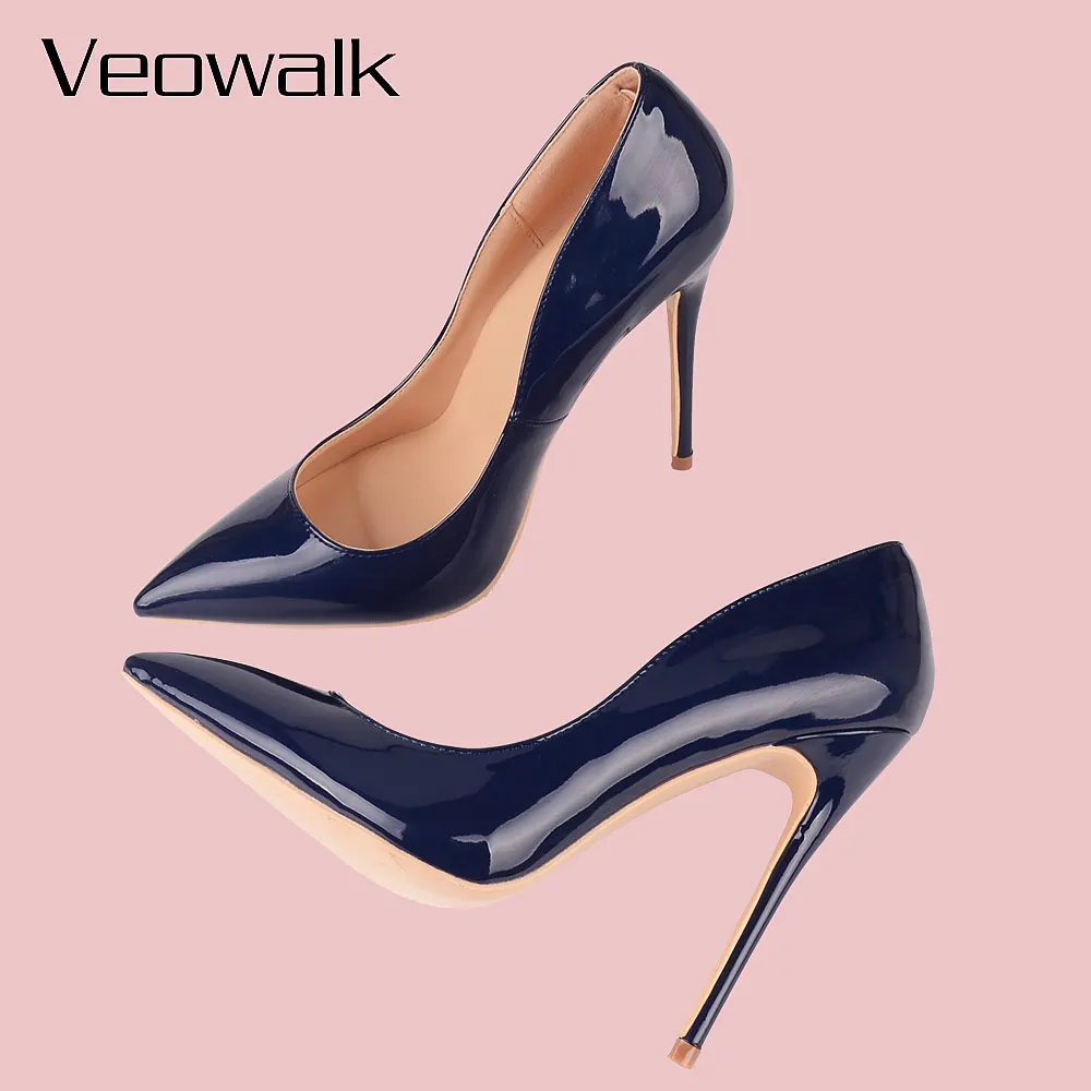 Veowalk Italian Style Women Pointed Toe High Heels Gloss Patent Leather Stilettos Ladies Solid Color Pumps Shoes Navy Blue