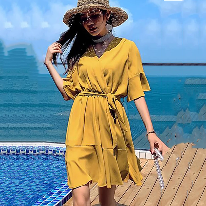 

Chiffon Dress 2022 Summer Women Bohemian Beach Dress Sexy V-neck Ruffle Sashes Waist Elegant Mini Party Dresses Sundress Vestido