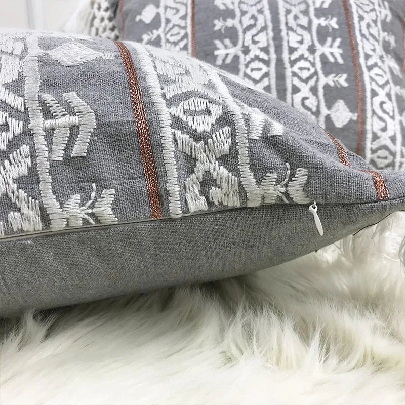 Linen Embroidery Cushion Cover Grey Blue Khaki Ethical Floral Pillow Case with Tassels For Sofa Seat Simple Home Decor 35*45cm